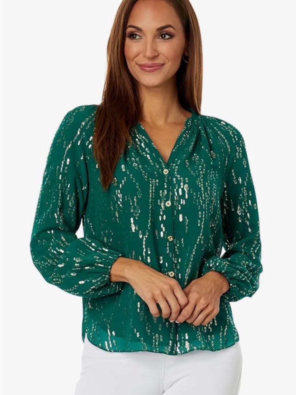 Lilly Pulitzer Emerald Green Metallic-Accent Button Down Blouse